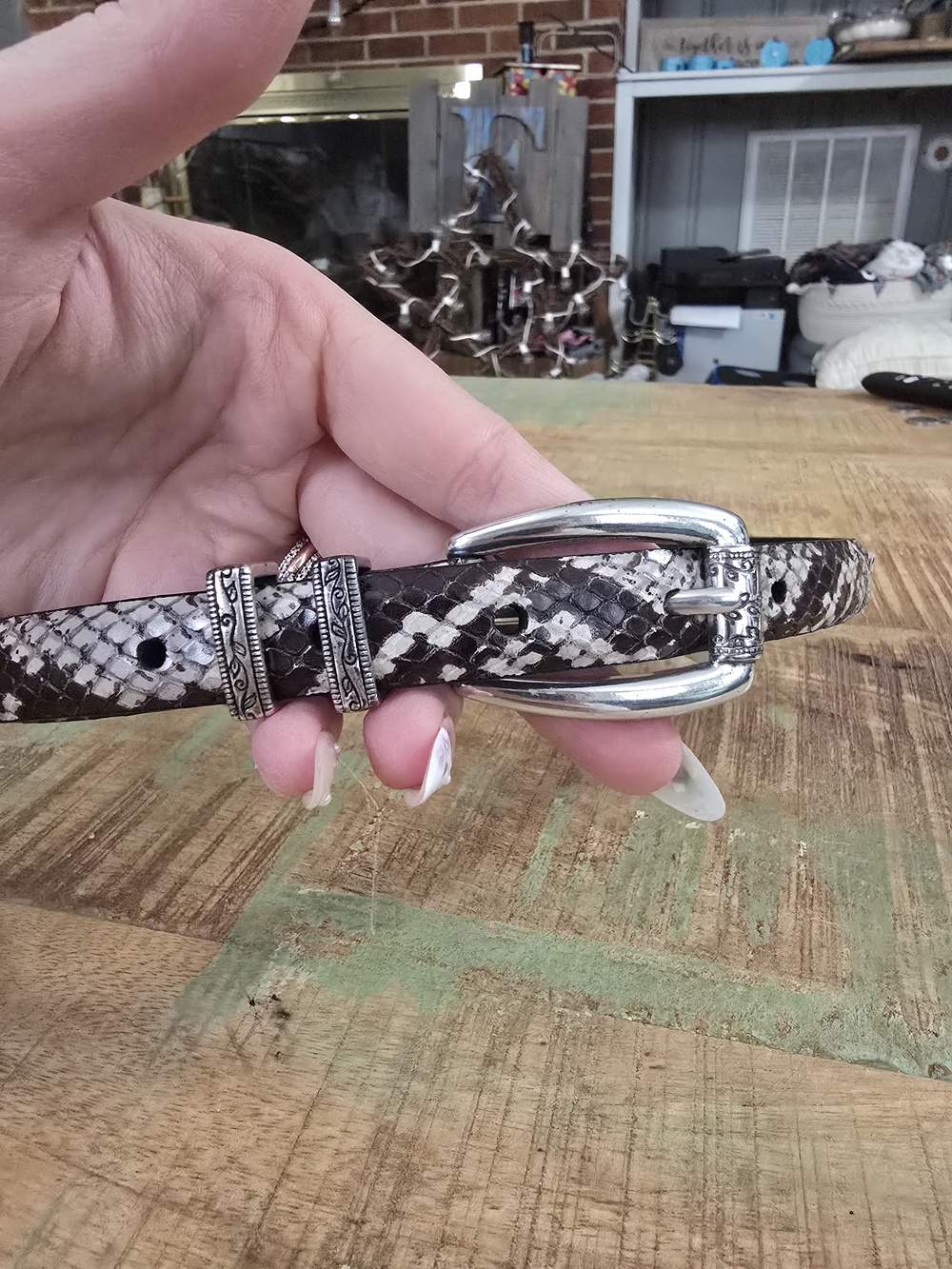 Snake Print Western-Style Belt with Silver Buckle